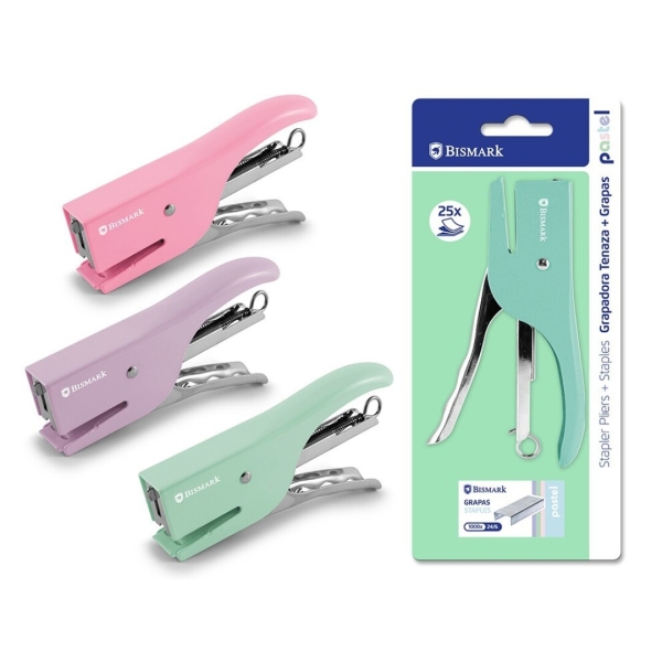 Bismark Grapadora de Tenaza + 1000 Grapas 24/6 - Capacidad de Grapado 25 Hojas - Diseño Ergonomico - Alta Durabilidad - Colores Pastel Surtidos · Pack de 6 uds.