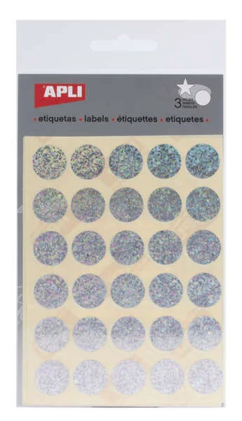 Apli Gomets Redondos Holograficos Ø 20mm - Adhesivo Permanente - 90 Gomets en 3 Hojas - Desarrollo de Habilidades y Creatividad - Normas de Calidad y Seguridad - Reciclables