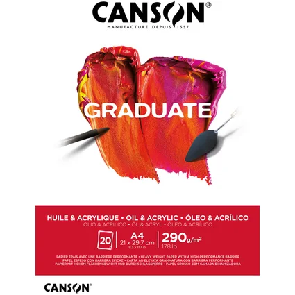 Canson Graduate Oleo & Acrilico Bloc Encolado de 20 Hojas A4 - 290g - Grano Fino - Color Blanco