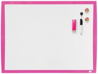 Nobo Pizarra Blanca Magnetica 585x430mm - Incluye Mini Rotulador de Pizarra, Imanes Estampados y Borrador - Color Fucsia