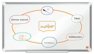 Nobo Premium Plus Pizarra Magnetica de Acero Lacado Panoramica 710x400mm - Montaje en Esquina - Blanco