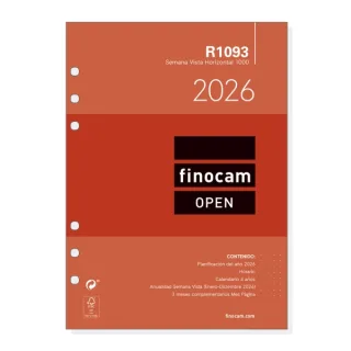 Finocam R1093 Recambio Anual 2026 para Agendas Open 2026 - Formato 1000 - 155x6x215mm - Semana Vista Horizontal - Color Blanco