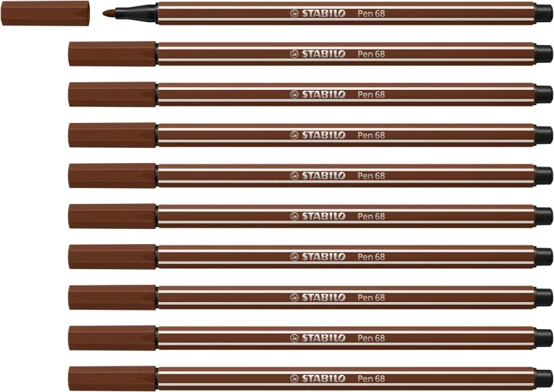 Stabilo Pen 68 Rotulador de Punta de Fibra - Trazo de 1mm aprox. - Tinta con Base de Agua - Color Marron · Pack de 10 uds.