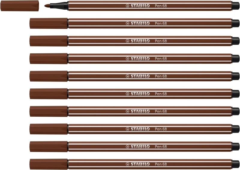 Stabilo Pen 68 Rotulador de Punta de Fibra - Trazo de 1mm aprox. - Tinta con Base de Agua - Color Marron · Pack de 10 uds.