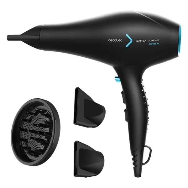 Cecotec IoniCare 5350 Powershine Ice Secador de Pelo - Potencia 2600W - Tecnologia con Iones - Temperatura Regulable - 2 Concentradores - Difusor - Velocidad Ajustable - Cable de 3m - Color Negro