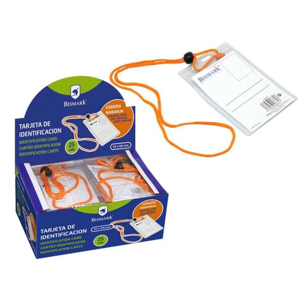 Bismark Portanombres Vertical con Cordon Naranja - Rapida Sustitucion de la Tarjeta - Tarjeta Incluida - Transparente · Pack de 25 uds.