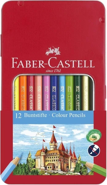Faber-Castell Classic Colour Caja Metalica con 12 Lapices de Colores Hexagonales - Resistencia a la Rotura - Colores Surtidos