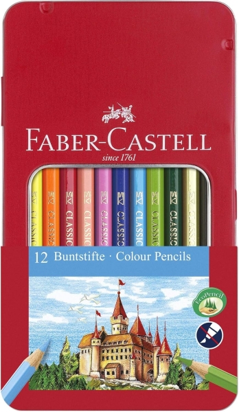 Faber-Castell Classic Colour Caja Metalica con 12 Lapices de Colores Hexagonales - Resistencia a la Rotura - Colores Surtidos