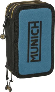 Safta Munich Plumier de 3 Pisos - 37 Piezas - Goma - Lapiz - 2 Boligrafos - Sacapuntas - 2 Reglas - 16 Colores - 14 Rotuladores - 12.5x19.5x5.5cm - Color Negro y Azul