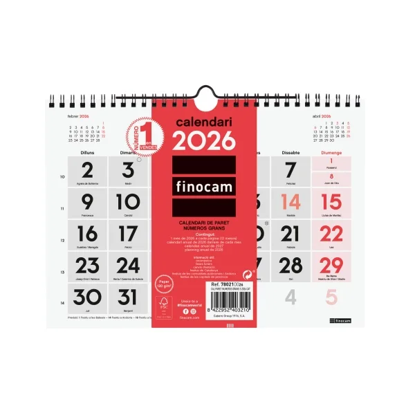 Finocam Calendario de Pared en Catalan - Anual 2026 - 210x5x155mm - Numeros Grandes - Color Blanco y Rojo