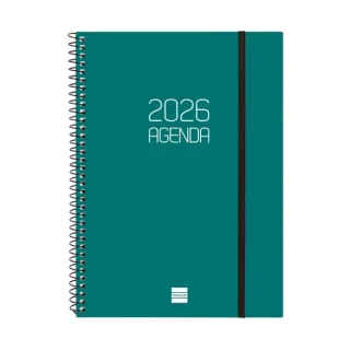 Finocam Opaque Agenda de Espiral - Anual 2026 - Tapa Ligera - Cierre con Goma Elastica - Formato E10 - 162x14x212mm - Semana Vista Horizontal - Color Verde