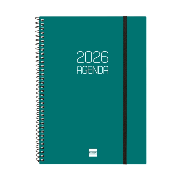 Finocam Opaque Agenda de Espiral - Anual 2026 - Tapa Ligera - Cierre con Goma Elastica - Formato E10 - 162x14x212mm - Semana Vista Horizontal - Color Verde