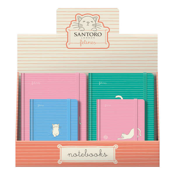 Dohe Santoro Felines Expositor de 12 Cuadernos Cartone - Tamaños A5 y A6 - 96 Hojas Lisas en Papel Ahuesado de 80 g/m2 - Cierre con Goma Elastica