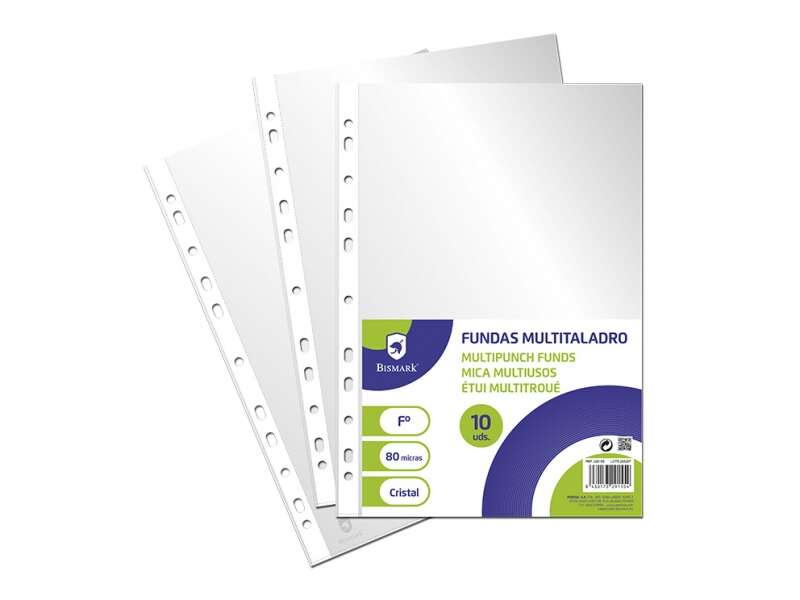 Bismark Pack de 10 Fundas Multitaladro Tamaño Folio 80 Micras - Acabado en Cristal - Ideal para Carpetas con Mecanismo de Anillas - Disponible en Varios Tamaños
