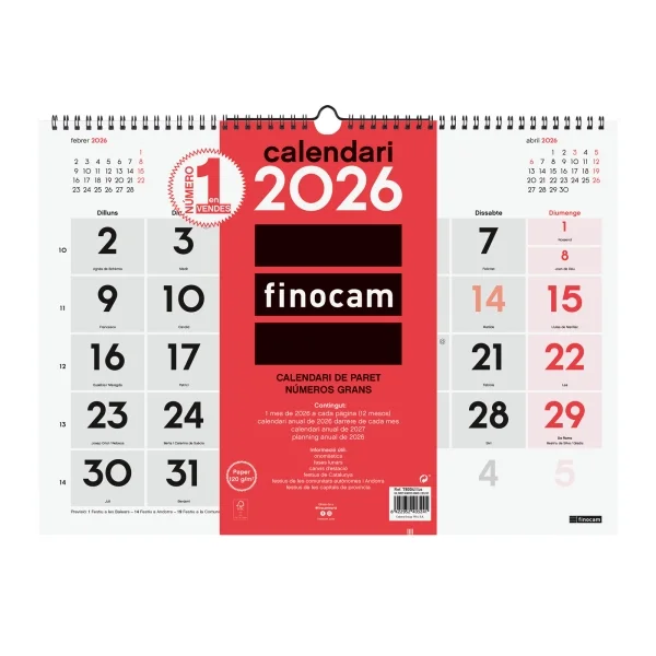 Finocam Calendario de Pared en Catalan - Anual 2026 - 430x5x320mm - Numeros Grandes - Color Blanco y Rojo