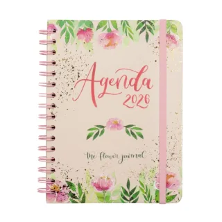 Finocam Flower Journal Agenda de Espiral en Catalan - Anual 2026 - Tapa Dura - Cierre de Goma - Formato E10 - 155X212mm - Semana Vista Horizontal - Color Rosa