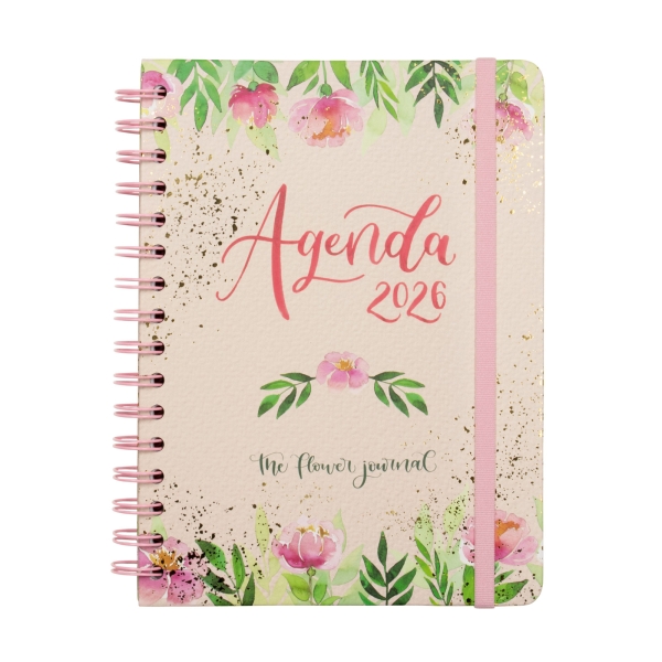 Finocam Flower Journal Agenda de Espiral en Catalan - Anual 2026 - Tapa Dura - Cierre de Goma - Formato E10 - 155X212mm - Semana Vista Horizontal - Color Rosa