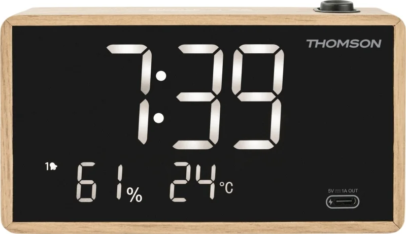 Thomson Radio Reloj Despertador con Proyeccion - Radio FM - Visualizacion Temperatura Interior - Angulo Proyeccion Ajustable - Color Madera