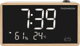 Thomson Radio Reloj Despertador con Proyeccion - Radio FM - Visualizacion Temperatura Interior - Angulo Proyeccion Ajustable - Color Madera