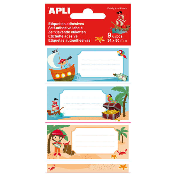 Apli Etiquetas Adhesivas Escolares Piratas - Tamaño 81x36mm - 9 Etiquetas de Adhesivo Permanente de Alta Calidad - Diseño Piratas - Color Variado · Pack de 5 uds.