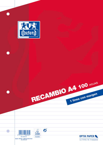 Oxford Classic Recambio de 100 Hojas Sueltas A4 1 Linea Horizontal con Margen 4 Taladros