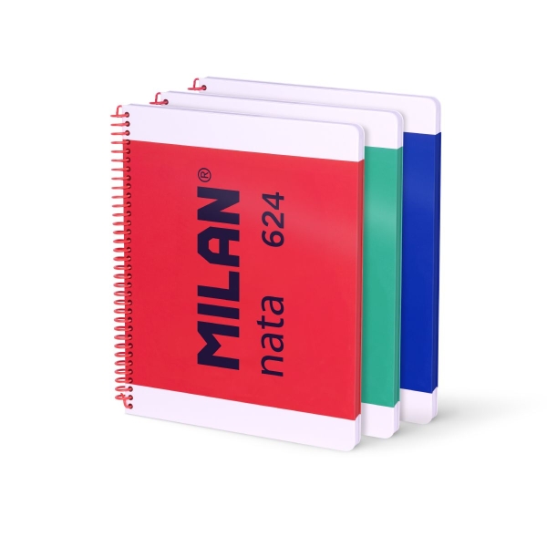 Milan Nata 624 Pack de 3 Cuadernos Espiral Formato A4 Liso - 80 Hojas de 95 gr/m2 - Microperforado, 4 Taladros - Colores Surtidos
