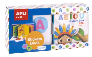 Apli Libro de Pegatinas Vocales Educativo - Tamaño 100x100x40 - 10 Paginas de Carton Rigido de 3mm - 5 Hojas de Gomets Removibles - Diseño Infantil con Ilustraciones Coloridas y Divertidas -