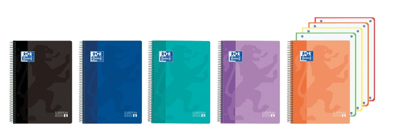 Oxford Europeanbook 4 Cuaderno A5+ Cuadriculado 5x5mm 120 Hojas 90gr - Tapa Superresistente - 4 Bandas de Color - Colores Vivos Surtidos · Pack de 5 uds.