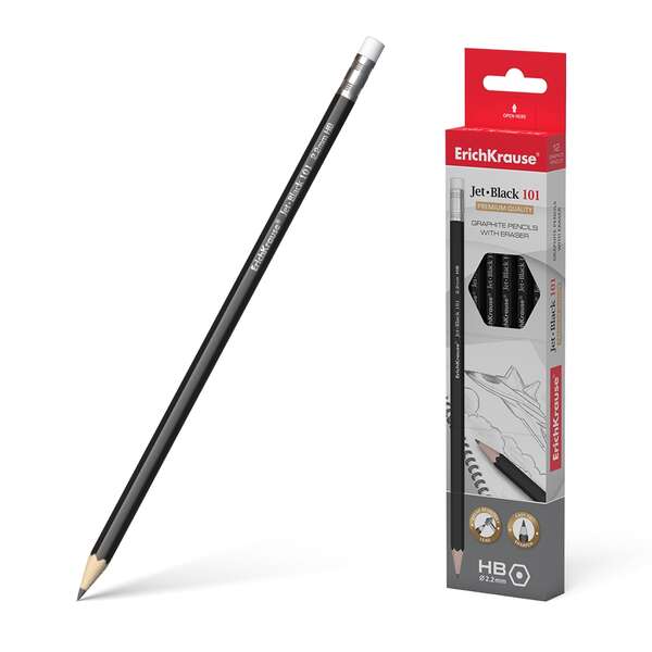 Erichkrause Jet Black 101 Lapiz de Grafito Hexagonal HB con Goma de Borrar - Resistente al Impacto - Color Negro · Pack de 12 uds.