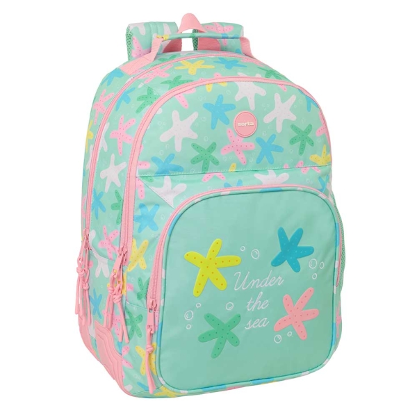 Safta Estrellas Mochila - Adaptable a Carro - Bolsillo Frontal - Portabotellas - Cremallera con Doble Tirador - Asa de Mano - Hombreras y Espalda Acolchada - 32x42x15cm - Color Verde