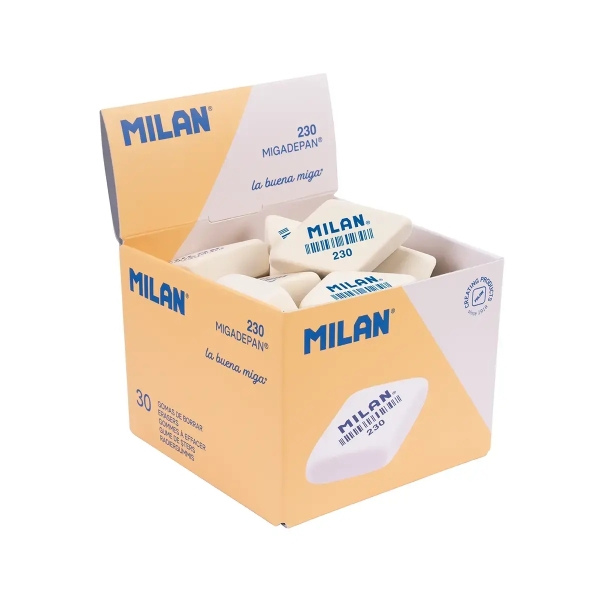 Milan 230 Goma de Borrar Romboide - Miga de Pan - Suave Caucho Sintetico - Color Blanco · Pack de 30 uds.