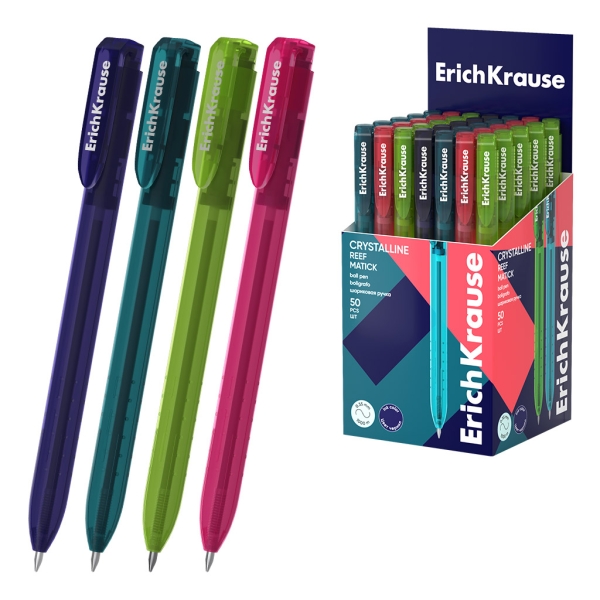 ErichKrause Crystalline Matic Reef Boligrafo Retractil - Modelos Surtidos - Trazo 0.35mm - Color Azul · Pack de 50 uds.