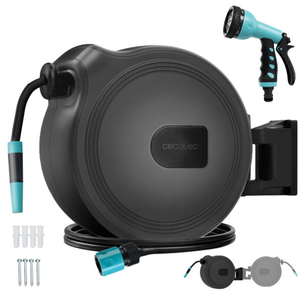 Cecotec HydroShell 10 Manguera de 10m - Recogida Automatica - Giro 180º - Accesorios Incluidos - Tambor Extraible - Pistola Pulverizadora - Conexion Universal - Color Negro