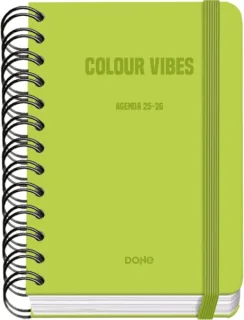 Dohe Colour Vibes Agenda Escolar 25/26 Espiral Wire’o A6 - Dia Pagina - Papel 80g/m2 - 4 Hojas de Pegatinas - Cubierta de Carton Plastificado - Cierre con Goma Elastica - Color Verde Lima
