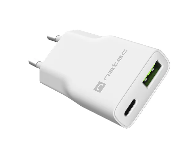 Natec Ribera Slim Cargador de Pared Gan 20W - 1xUSB-A + 1xUSB-C - Carga Rapida - Color Blanco
