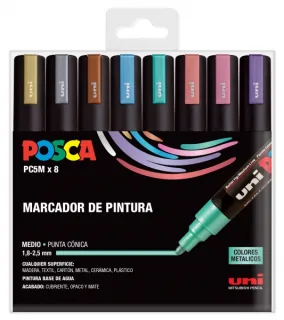 Posca PC-5M/8C Estuche de 8 Marcadores de Pintura - Punta de Bala 1.8-2.5mm - Tinta Base al Agua - Resistente a la Luz - No Permanente - Colores Surtidos