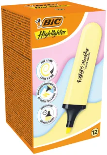 Bic Marking Highlighter Flat Marcador Fluorescente - Punta Biselada - Trazo entre 1.20 y 4.60 mm - Tinta con Base de Agua - Color Amarillo Pastel · Pack de 12 uds.