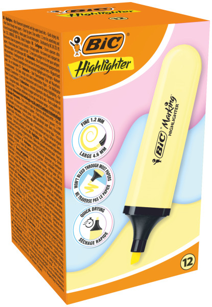 Bic Marking Highlighter Flat Marcador Fluorescente - Punta Biselada - Trazo entre 1.20 y 4.60 mm - Tinta con Base de Agua - Color Amarillo Pastel · Pack de 12 uds.