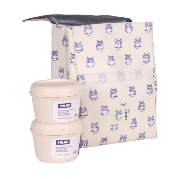 Milan Coleccion 460 Bolsa Isotermica Porta Alimentos 3,5L - Incluye 2 Recipientes para Alimentos de 0,25L - Interior Aislante Termico - Color Beige/Azul