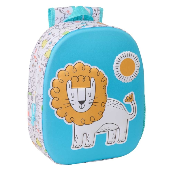 Safta Lion Mochila 3D de 8.64L - Portabotellas - Tarjeta de Identificacion Personal - Hombreras Acolchadas - 27x33x10cm - Color Blanco y Azul