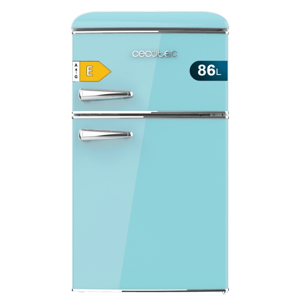 Cecotec Bolero CoolMarket 2D Origin 86 Blue E Mini Frigorifico de Dos Puertas de 86L - Luz LED - Estilo Retro - Tirador Cromado - Cajon para Vegetales - 48.7x59.2x89.3cm - Color Turquesa