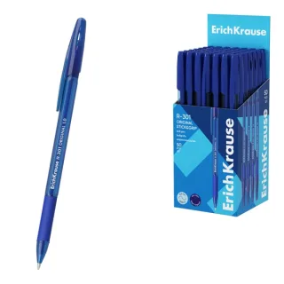 ErichKrause R-301 Stick and Grip Original Boligrafo con Capuchon - Punta de 1.0mm - Cuerpo Transparente - Trazo 0.5mm - Zona de Agarre de Goma - Tinta de Secado Rapido - Tapa Ventilada - Col