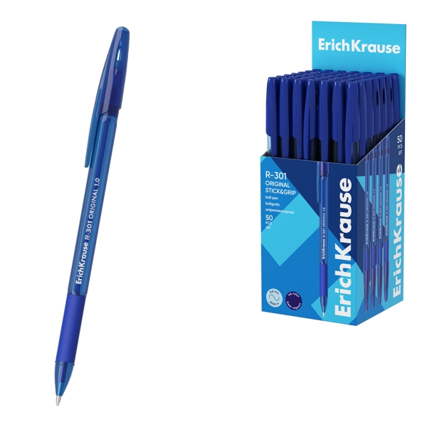 ErichKrause R-301 Stick and Grip Original Boligrafo con Capuchon - Punta de 1.0mm - Cuerpo Transparente - Trazo 0.5mm - Zona de Agarre de Goma - Tinta de Secado Rapido - Tapa Ventilada - Color Azul · Pack de 50 uds.