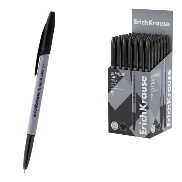 ErichKrause Slender Stick Grey Boligrafo con Capuchon - Punta de Aguja 0.7mm - Cuerpo Opaco Gris - Trazo 0.26mm - Tinta de Baja Viscosidad - Tapa Ventilada - Color Negro · Pack de 50 uds.