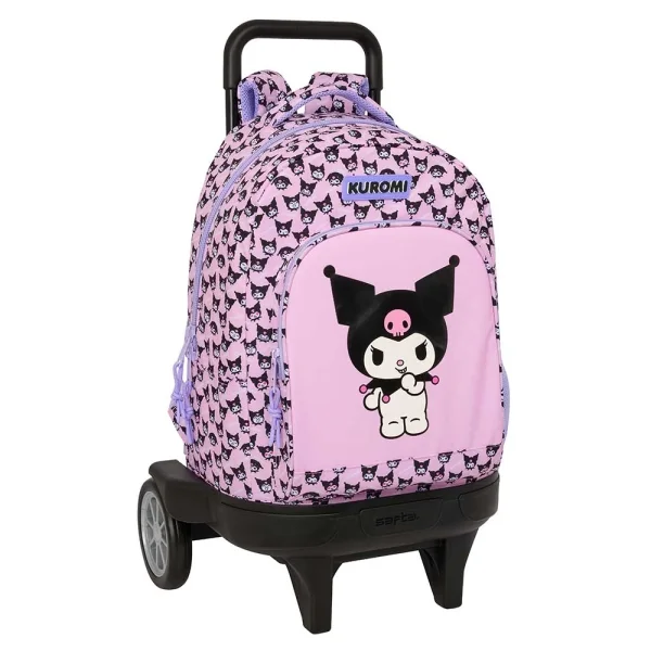 Safta Kuromi Mochila con Carro - Extraible - 33L - Portabotellas - Tarjeta de Identificacion Personal - Ruedas Antivibracion - Doble Tirador - Asa de Mano - Bolsillo Frontal - 33x45x22cm - Color Rosa
