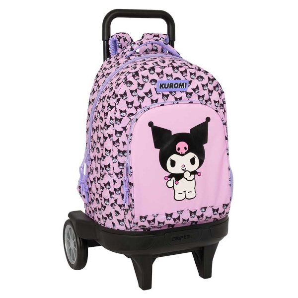 Safta Kuromi Mochila con Carro - Extraible - 33L - Portabotellas - Tarjeta de Identificacion Personal - Ruedas Antivibracion - Doble Tirador - Asa de Mano - Bolsillo Frontal - 33x45x22cm - Color Rosa