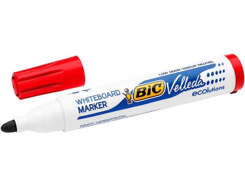 Bic Velleda 1701 ECOlutions Marcadores para Pizarra - Punta Redonda - Trazo de 1.5 mm - Tinta con Base de Alcohol - Ecologico - Borrado Optimo - Color Rojo · Pack de 12 uds.