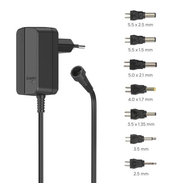 Hama Fuente de Alimentacion Multidispositivo - Potencia 3.6W - Voltaje 12V - Indicador LED - 7 Adaptadores - Intensidad Maxima 0.3A - Voltaje Ajustable - Color Negro