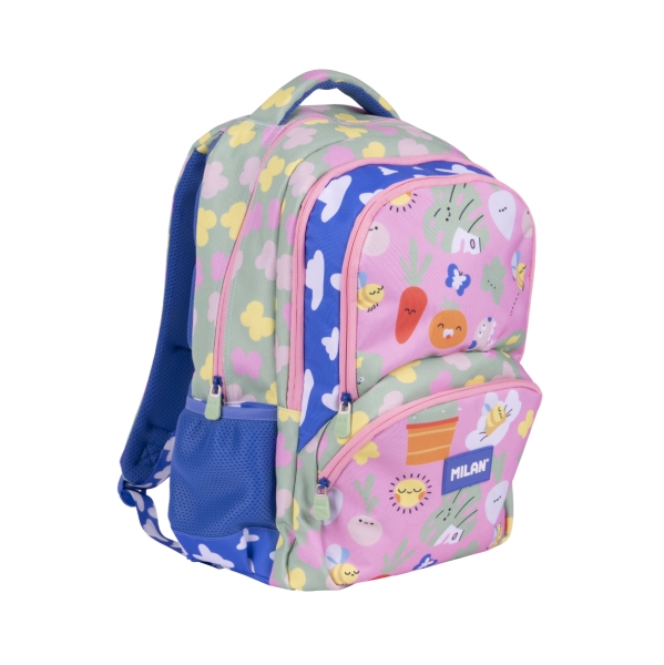 Milan Green and Grow Mochila Escolar 25L - Bolsillos Laterales de Malla - Compartimento Interior para Portatil - 4 Cremalleras - 46.5x30x17cm - Multicolor