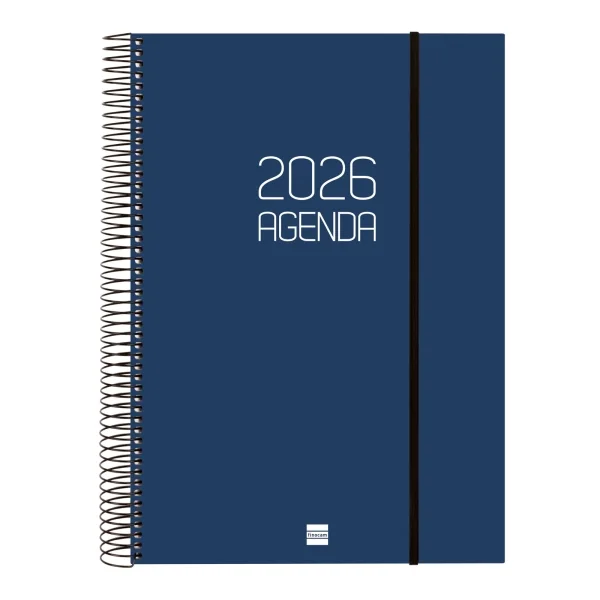 Finocam Opaque Agenda de Espiral en Catalan - Anual 2026 - Tapa Ligera - Cierre con Goma Elastica - Formato E40 - 230x29x297mm - 1 Dia por Pagina - Color Azul